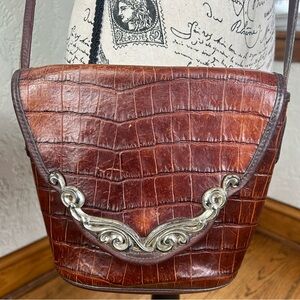 VTG BRIGHTON Brown Croc Leather Silver Embossed Bucket Crossbody